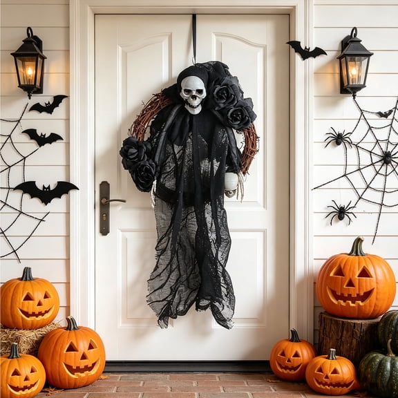 Halloween Ghost Door Hanging, Polyester Spooky Ghost Wreath Decoration for Front Door Porch Wall Party Decor, 22 Inch