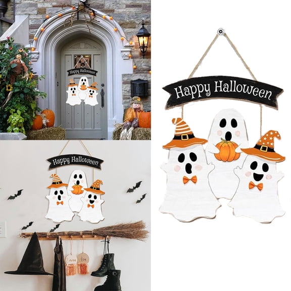 Halloween Ghost Door Sign Boo Decoration, Wooden Ghost Sign, Front Door Hanging Wreath Decoration, Indoor And Outdoor Yard Wall Halloween Party Decoration.