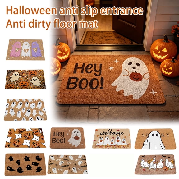 Halloween Ghost Doormat, 23.62x15.75 Inch Hey Boo Spooky Welcome Mat, Non-Slip Dirt Trapping Front Door Floor Carpet for Indoor Outdoor Entryway Porch Farmhouse Holiday Decoration