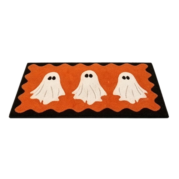 Halloween Ghost Doormat, Orange and Black Spooky Welcome Entry Rug with Ghost Prints for Front Door, Porch, Patio and Fall Home Decor