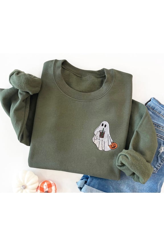 Halloween Ghost Drinking Coffee Embroidered Sweatshirt