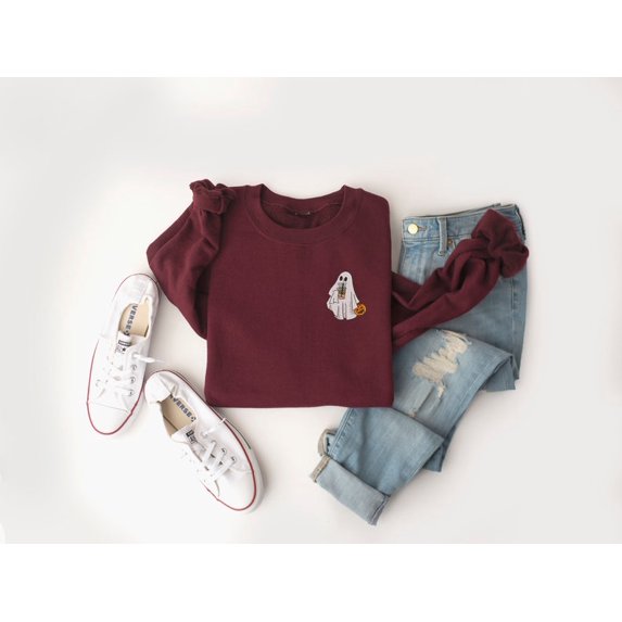 Halloween Ghost Drinking Coffee Embroidered Sweatshirt