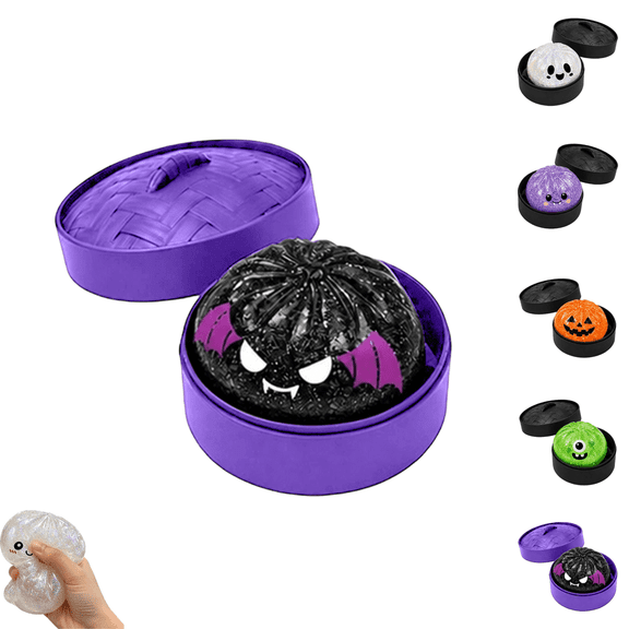 Halloween Ghost Dumpling Squishy, Multi Style Spooky Bun Squishies with Black Steamer, Stretchy Stress Ball Fidget Toy Halloween Birthday Gift Black