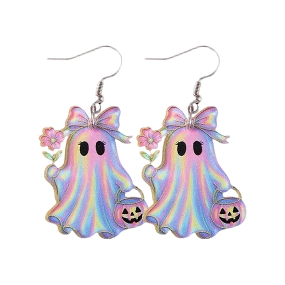 Halloween Ghost Earrings for Women Cute Ghost Bowknot Drop Earrings, Shining Halloween Bow Pumpkin Flower Acrylic Earrings for Party Jewelry Festival Gifts