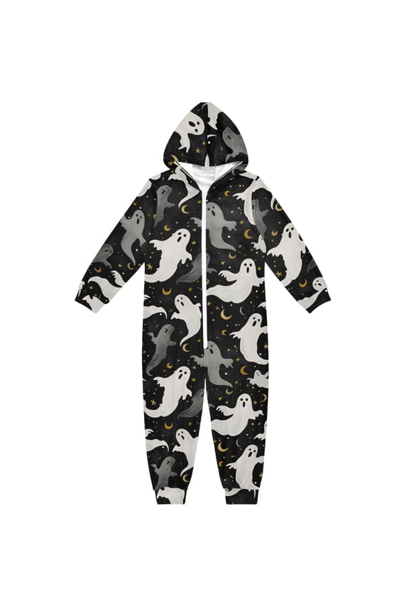 Halloween Ghost Elements One Piece Pajamas Soft Jumpsuit Cozy Sleep and Play Romper Zipper and Pockets 9-11Y
