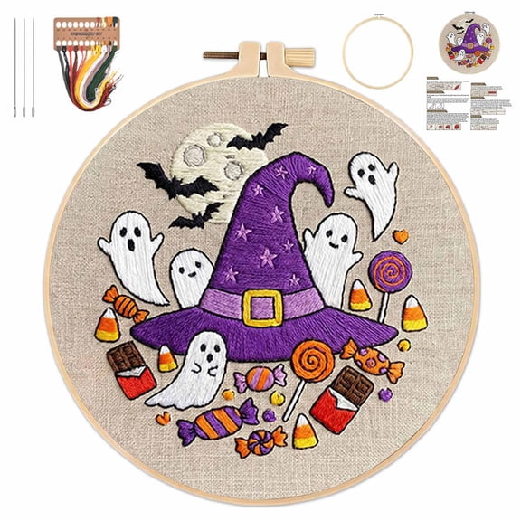Halloween Ghost Embroidery Kit for Beginners Adults, Cotton Fabric,Water-Soluble,Pre-Printed Patterns DIY Hand Embroidery Craft, Gift for Craft Lovers, Beginner Craft Kit (B)