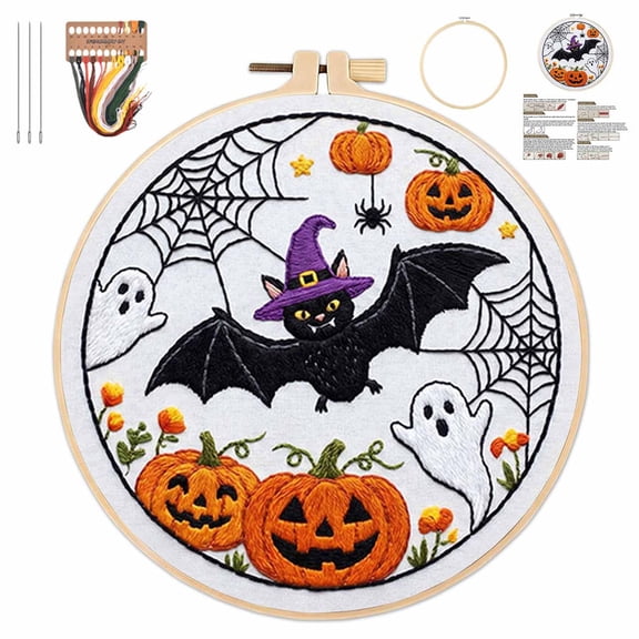 Halloween Ghost Embroidery Kit for Beginners Adults, Cotton Fabric,Water-Soluble,Pre-Printed Patterns DIY Hand Embroidery Craft, Gift for Craft Lovers, Beginner Craft Kit (F)