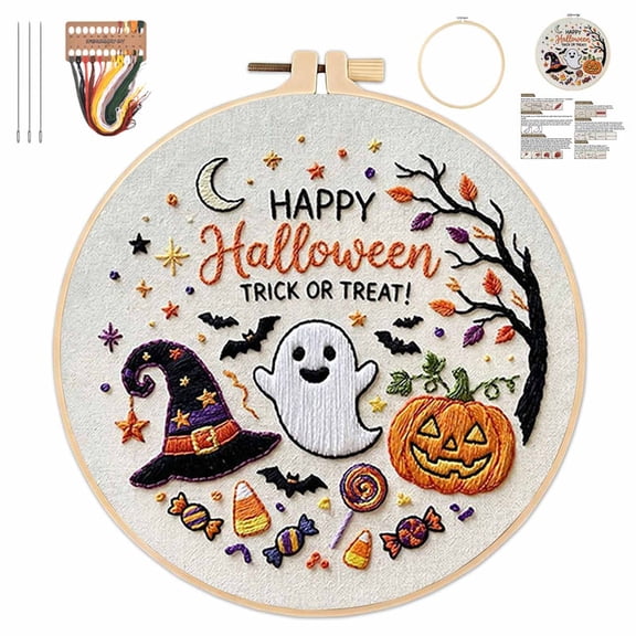 Halloween Ghost Embroidery Kit for Beginners Adults, Cotton Fabric,Water-Soluble,Pre-Printed Patterns DIY Hand Embroidery Craft, Gift for Craft Lovers, Beginner Craft Kit (C)