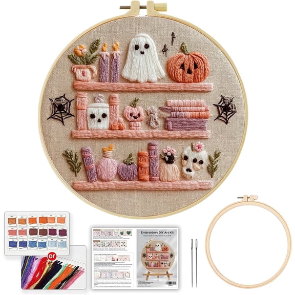 Halloween Ghost Embroidery Kit for Beginners, Bookshelf Pre-Stamped Pattern Kits for Adults with Hoop, Easy to Follow Color Thread Needlework, 8'' Hoop