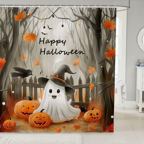 Halloween Ghost Fabric Shower Curtain Black Witch Hat Crow Bath Curtain 72" Wx72 L, Cartoon Orange Pumpkin Lantern Jungle Trees Fall Leaves Shower Curtains for Bathroom