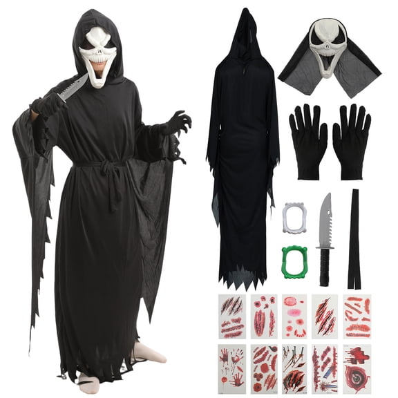 Halloween Ghost Face Grim Reaper Costume Complete Set With Hooded Robe Mask Gloves Fake Knife And Tattoo Stickers Horror Cosplay Outfit,Ghost Face Grim Reaper Cosplay,Scream Cosplay Costume Set-S