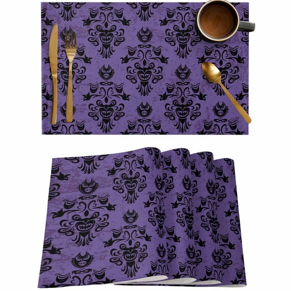 Halloween Ghost Face Horror Placemats Set of 4,Wipeable Washable Table Mats for Dining Tables,Purple and Black Place Mats for Kitchen Event Party Tabletop Decor