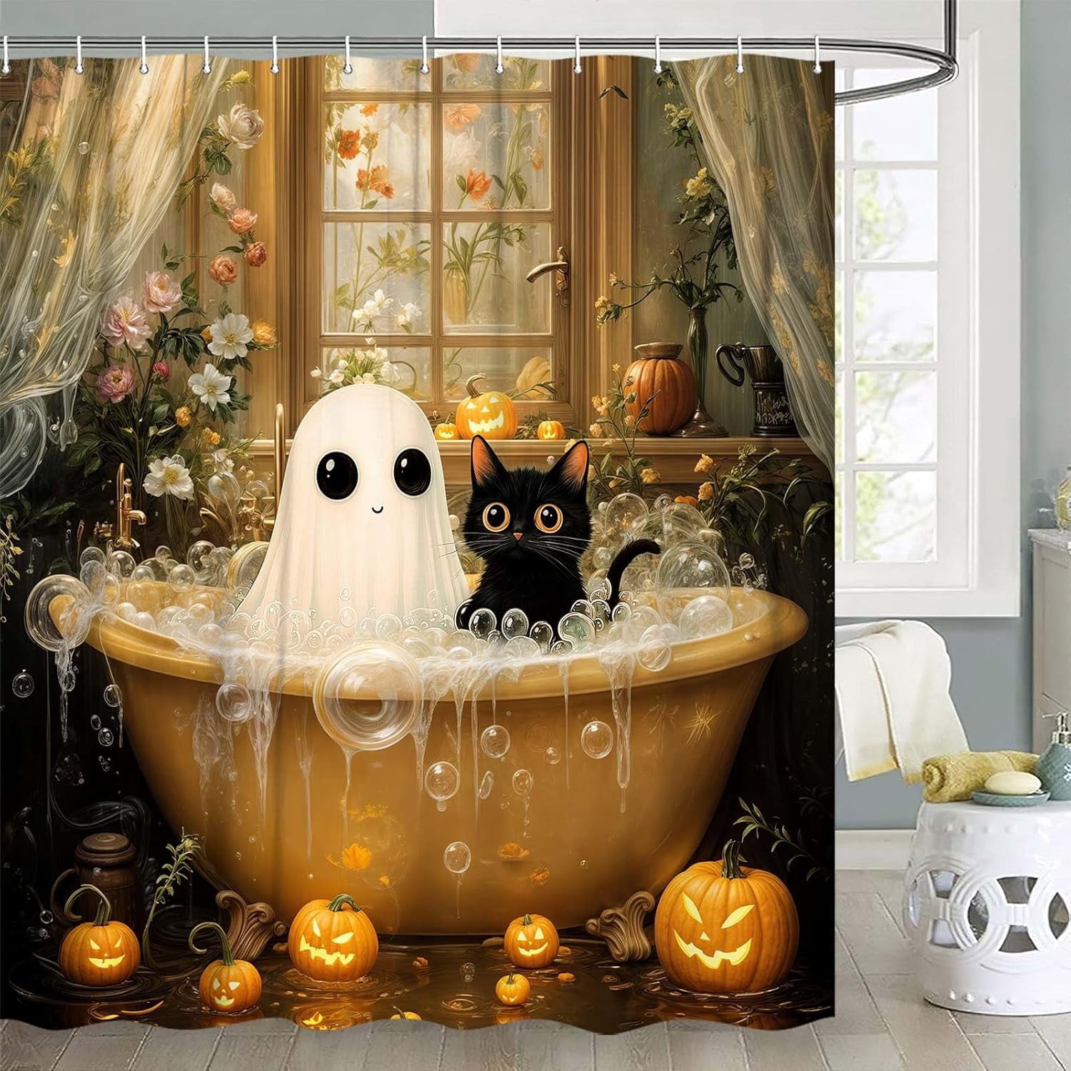 Halloween Ghost Fall Shower Curtain for Bathroom, Funny Cat Autumn ...