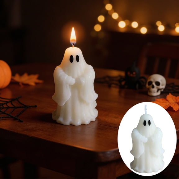 Halloween Ghost Figurine Candle, Cute White Wax Sculpture with Hand-Painted Eyes and Soft Drooping Robe Design, Tabletop Shelf Mantel Party Decor (3.1in, White)
