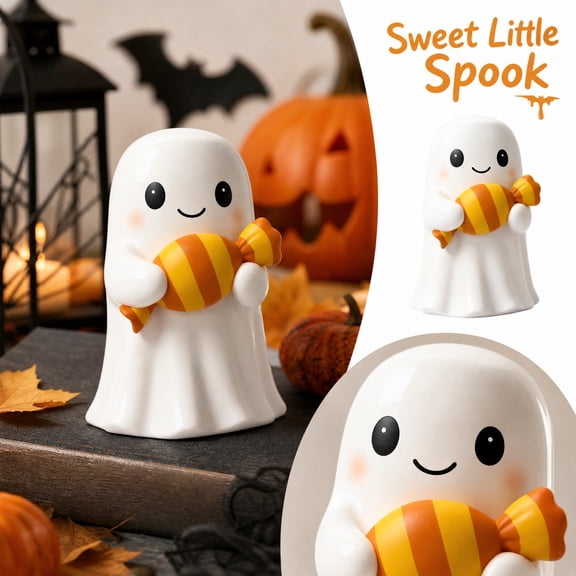 Halloween Ghost Figurine, Cute Finger Ghost ResinSculpture Holding A Candy.