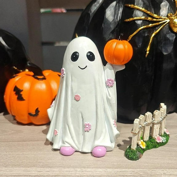 Halloween Ghost Figurine Cute Finger Statue Ghost Decor Cute Resin Ghost Holding Pumpkin Figurine for Anniversary Weddings New Year Tabletop Decoration