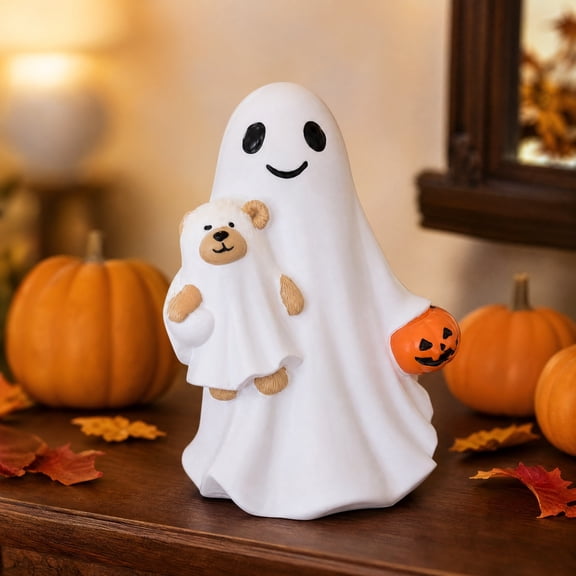 Halloween Ghost Figurine Holding Bear Resin Ornament Spooky Tabletop Decor Ghost Statue Desk Shelf Mantel Party Display Cute Haunted Accent Collectible Gift Decoration Holiday Scene