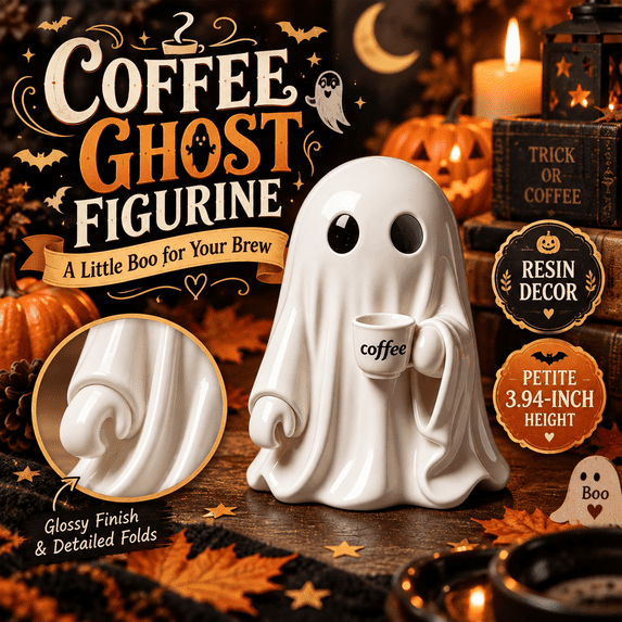 Halloween Ghost Figurine Holding Coffee Cup, Cute Spooky Tabletop Resin-Style Ornament for Shelf Mantel Desk Tiered Tray & Coffee Bar Decor, Seasonal Home Accent for Fall Party Displays