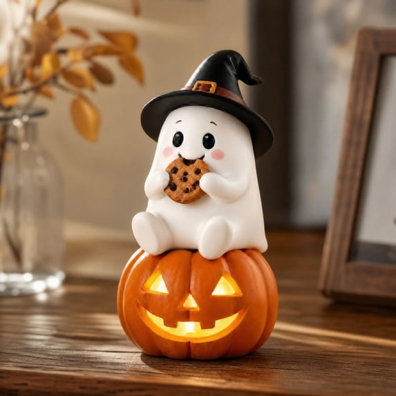 Halloween Ghost Figurine, Light Up LED Ghost Statue with Witch Hat Pumpkin Design, Cute Resin Halloween Decoration, Tabletop Fall Decor for Mantel Shelf Home