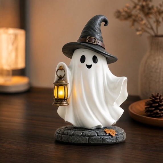 Halloween Ghost Figurine, Light Up LED Ghost Statue with Witch Hat Pumpkin Design, Cute Resin Halloween Decoration, Tabletop Fall Decor for Mantel Shelf Home