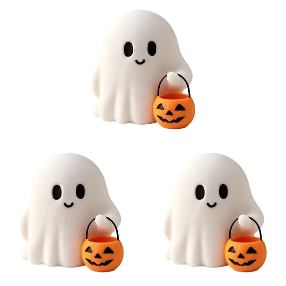 Halloween Ghost Figurine with Pumpkin Bucket, Resin Polished Cute Ghost Statue, Small Tabletop Halloween Ghost Decor for Home, Office, Tiered Tray, Fall Party Ornament