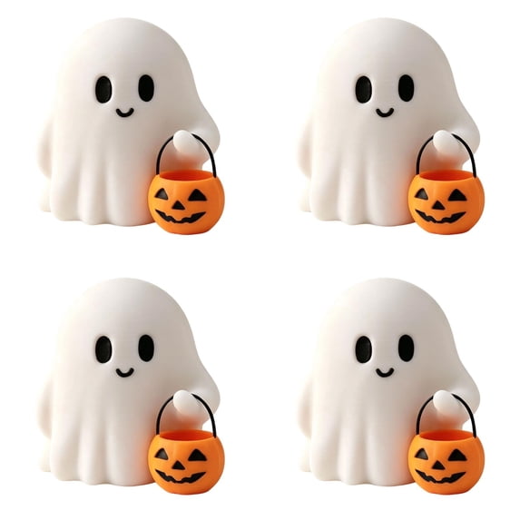 Halloween Ghost Figurine with Pumpkin Bucket, Resin Polished Cute Ghost Statue, Small Tabletop Halloween Ghost Decor for Home, Office, Tiered Tray, Fall Party Ornament