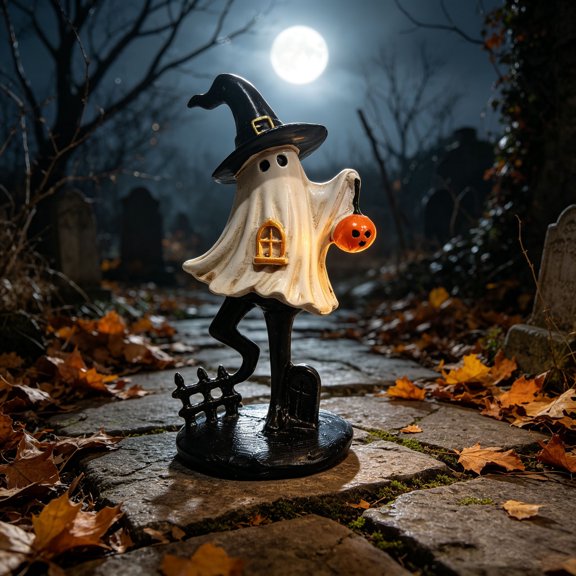 Halloween Ghost Figurine, Resin Ghost Statue with Witch Hat & Pumpkin Lantern, Graveyard Tombstone Tabletop Decor for Home Party