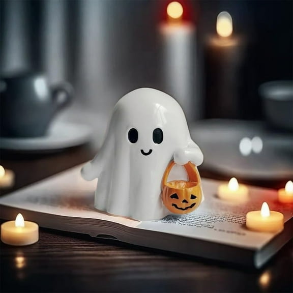 Halloween Ghost Figurine | Resin Matte Finish | Decorative Cute Spooky Figure for Desktop Table Shelf Office Décor | Compact White Stand Alone Display | Unique Gag Gift | 1 Piece