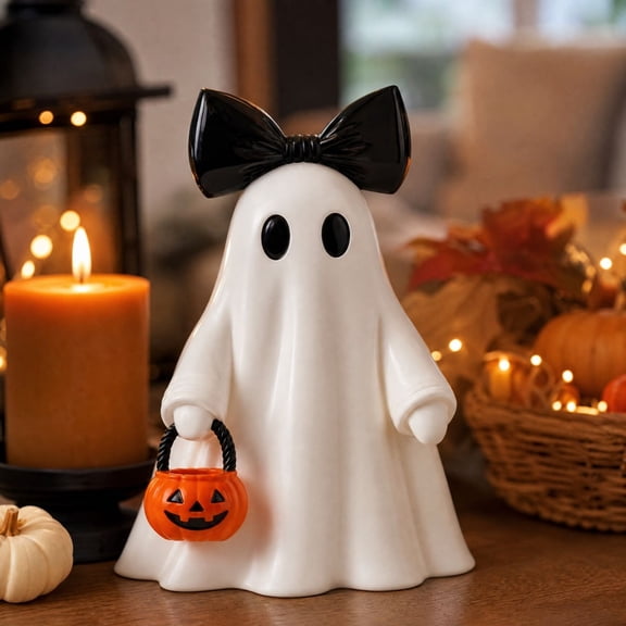 Halloween Adorable Ghost Bow, Seasonal Spooky Figurine for Mantel Shelf Tabletop Decor