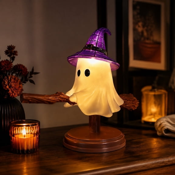 Halloween Ghost Figurine Resin Statue, Cute Ghost Witch Hat Night Light, Tabletop Nightstand Lamps, Vintage Glowing Ornament Lamp for Bedroom, Bookshelf Decor