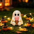 thumbnail image 1 of Halloween Ghost Figurine Resin Statue With Pink Ice Cream, Cute White Ghost Tabletop Decoration For Home Shelf Party Display, 1 of 3