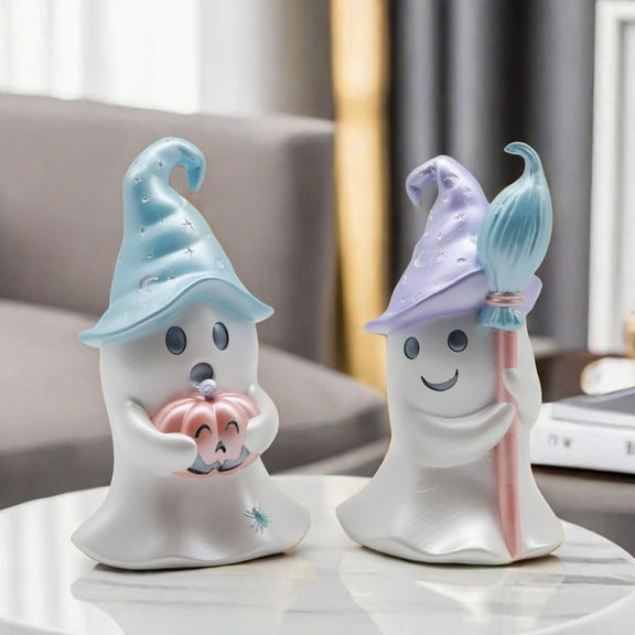 Halloween Ghost Figurine Resin White Ghost Statue with Colorful Star Moon Witch Hat Holding Pumpkin and Witch Broom Cute Ghost Sculpture for Table Centerpieces Shelf Mantel Display Decor (Blue)