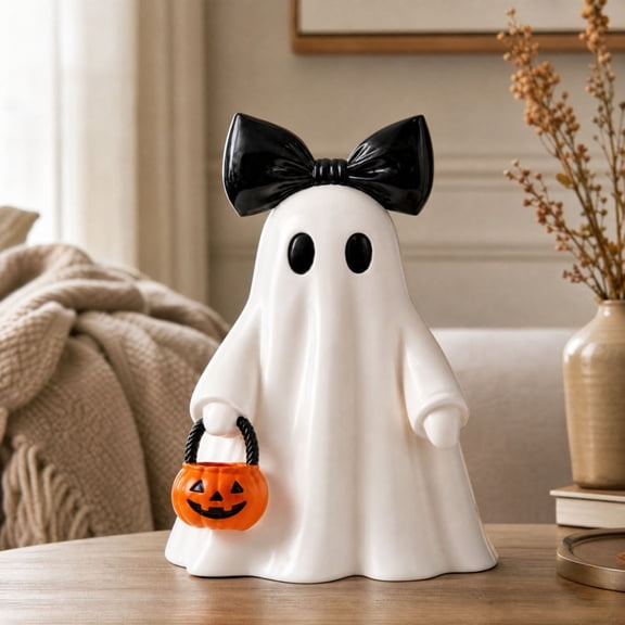 Halloween Ghost Figurine - Resin ghost statue, durable and hand-painted. Spooky ornament for Tabletop, Shelf, and Party Decor, 11.8"