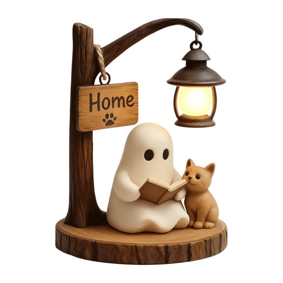 Halloween Ghost Figurine, Spooky & Cute Reading Ghost and Cat Statue Under Light for Bedroom, Desk, Party Decor, Book Lovers Gifts, Funny Ghost Halloween Decor Indoor
