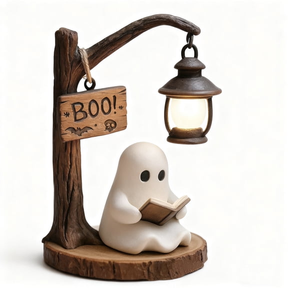 Halloween Ghost Figurine, Spooky & Cute Reading Ghost Statue Under Light for Bedroom, Desk, Party Decor, Book Lovers Gifts, Funny Ghost Halloween Decor Indoor