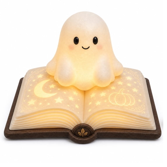 Halloween Ghost Figurine Statue Lamp, Ghost on Open Book LED Tea Light Holder, Cute Halloween Decor for Bookshelf, Desk & Mantel, Cozy Book Lovers Ornament for Bedroom & Reading Nooks
