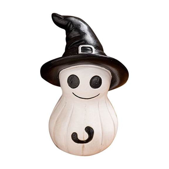 Halloween Ghost Figurine Witch Hat Ghost Statue Wizard Ghost Decor,Resin White Smiling Spirit with Black Pointed Cap Buckle,Indoor Home Desk Tiered Tray Shelf Room Festive Display Gift