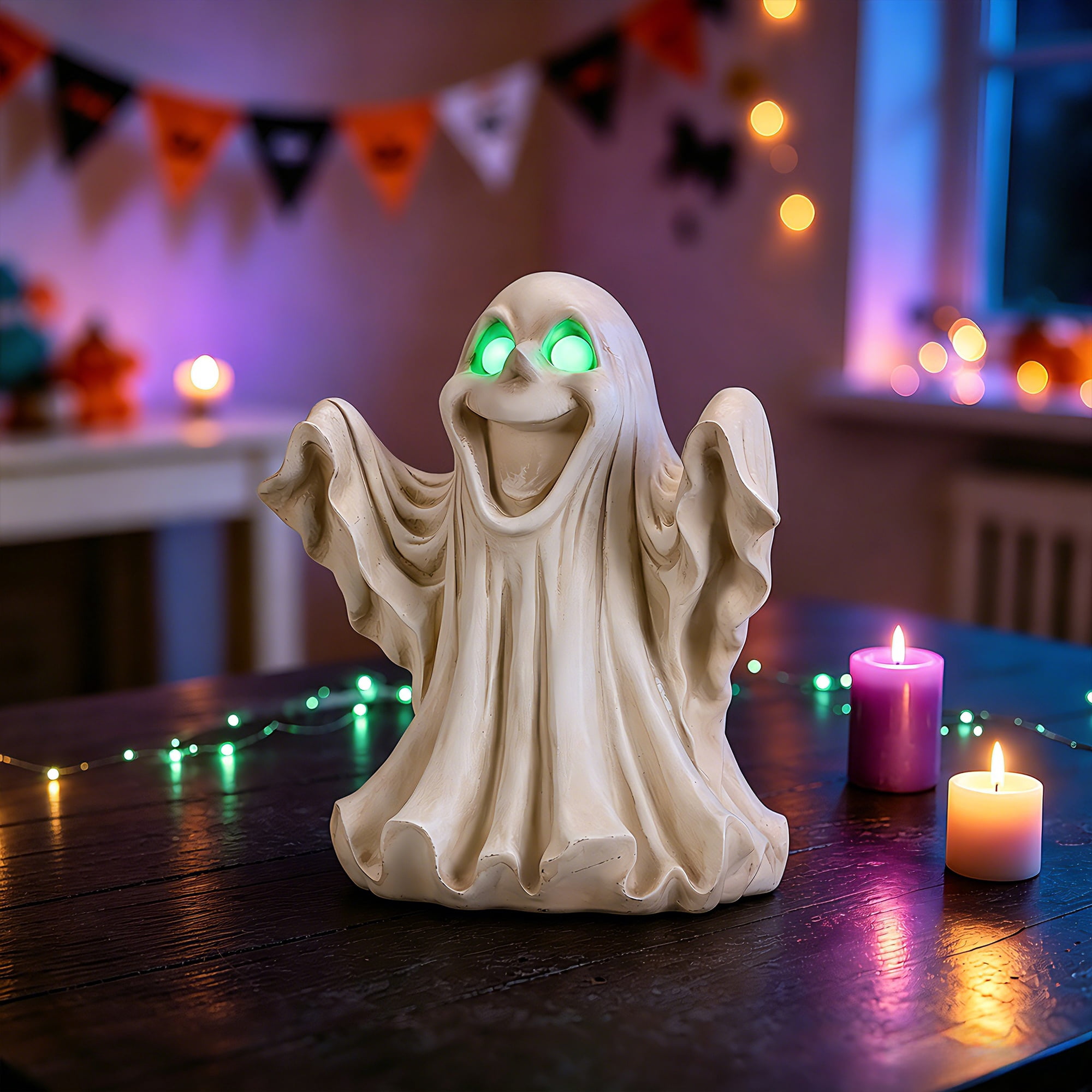 Halloween Ghost Figurine with LED Light Up Glowing Eyes, Spooky Resin Statue and Tabletop Decor for Haunted House Party, White