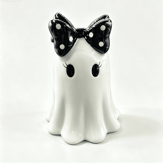 Halloween Ghost Figurine with Polka Dot Bow, Cute Spooky Ghost Statue Halloween Ornament, Tabletop Shelf Mantel Home Party Decoration