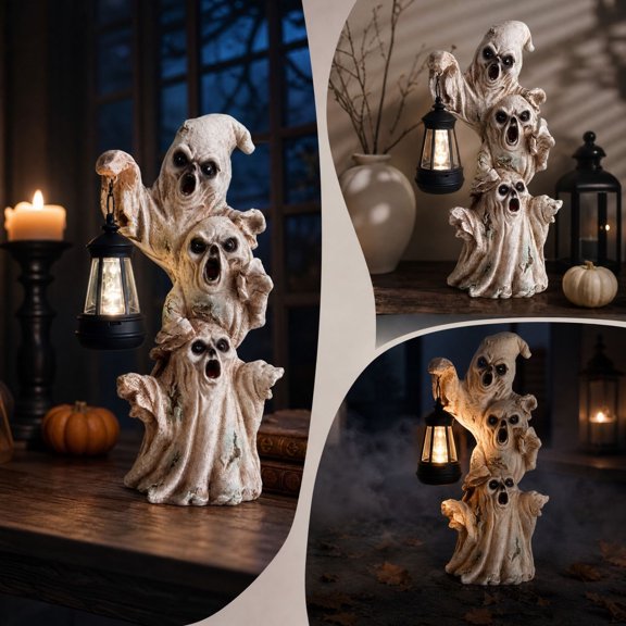 Halloween Ghost Figurine with Solar Light, 3-Stacked Spooky Ghost Statue with LED Glow, Resin Yard Decor for Garden, Patio, and Halloween Party