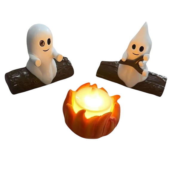 Halloween Ghost Figurines Set with LED Campfire Light, Cute Resin Decorations for Tabletop, Home, Office, Party
