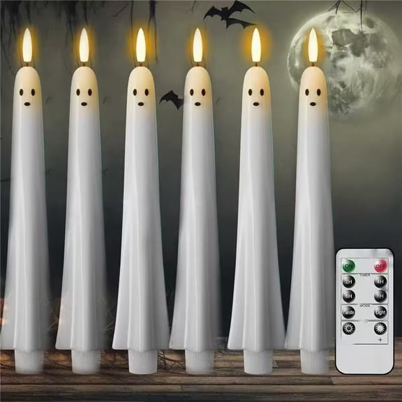 Halloween Ghost Flameless Taper Candles, 2 Pack White Real Wax LED Candles with Flickering 3D Wick, Remote and Timer, Battery Operated Indoor Table Decor, 0.79 in D x 9.5 in H