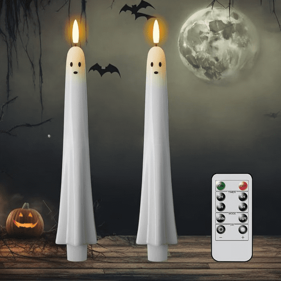 Halloween Ghost Flameless Taper Candles, 2 Pack White Real Wax LED Candles with Flickering 3D Wick, Remote and Timer, Battery Operated Indoor Table Decor, 0.79 in D x 9.5 in H