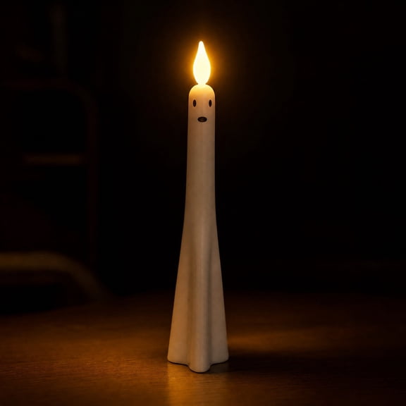 Halloween Ghost Flameless Taper Candles Candlesticks, 2PC LED Flickering Candle Real Wax 3D Wick, Flameless Taper Candles with Remote, Spooky Gothic Home Decor for Dinner Indoor