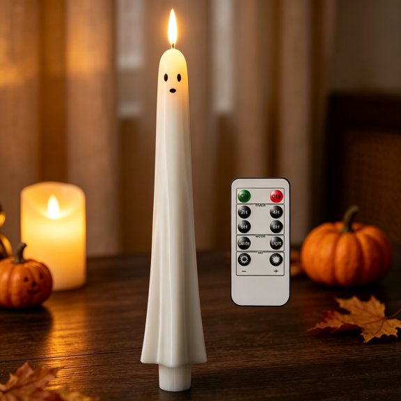 Halloween Ghost Flameless Taper Candles Flickering Battery Operated with Remote and Timer 3D Wick LED Taper Candles Halloween Dinner Decoration Indoor