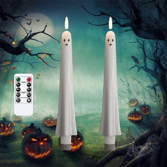 Halloween Ghost Flameless Taper Candles Flickering Battery Operated with Remote and Timer 3D Wick White Real Wax LED Spooky Dinner Holiday Decoration Indoor Fireplace