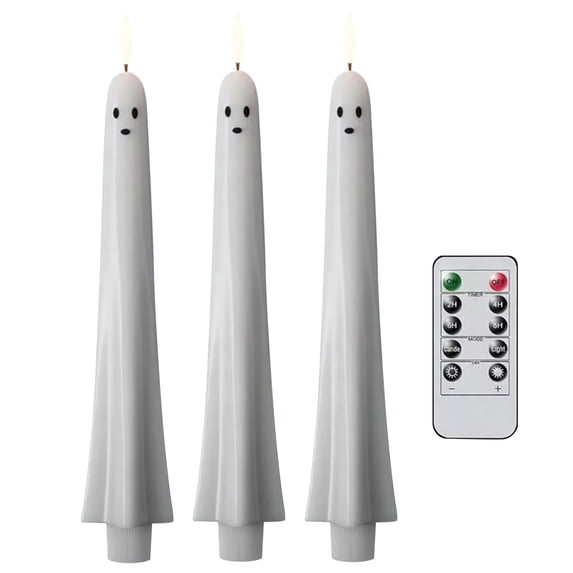 Halloween Ghost Flameless Taper Candles Flickering Battery Operated with Remote and Timer 3D Wick White Real Wax LED Taper Candles Halloween Dinner Decor (3PCS)
