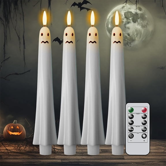Halloween Ghost Flameless Taper Candles With Remote Timer LED White Candle Set Battery Operated Flickering Flame Light For Candlestick Table Party Window Decor