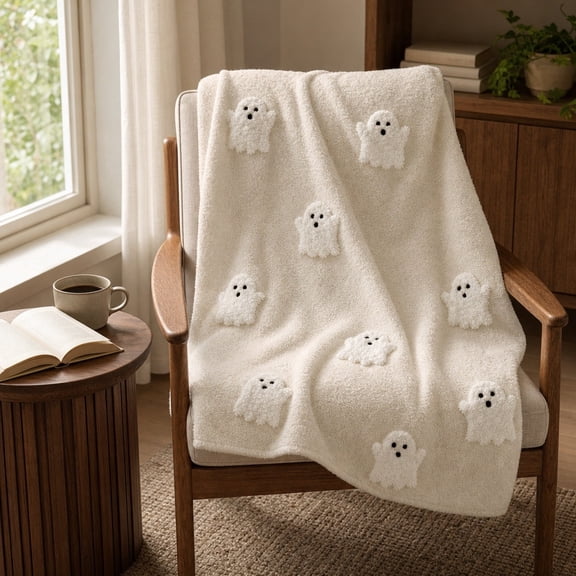 Outtop Flannel Throw Blanket, Halloween Ghost, Embossed Skull Ghost Bat Pumpkin Potion Bottle Pattern, Multicolor, 27.6 x 39.4 in, 1 Count