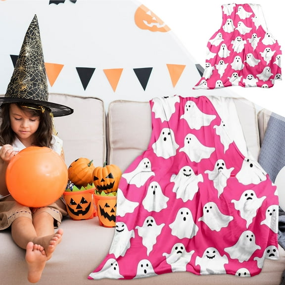 Halloween Ghost Fleece Throw Blanket 60"x50" Cute Ghost Pumpkin Skull Black Orange Print Throw Blanket Lightweight Warm Soft Blanket Farmhouse Holiday Decor for Home Living Room Sofa Couch Bed